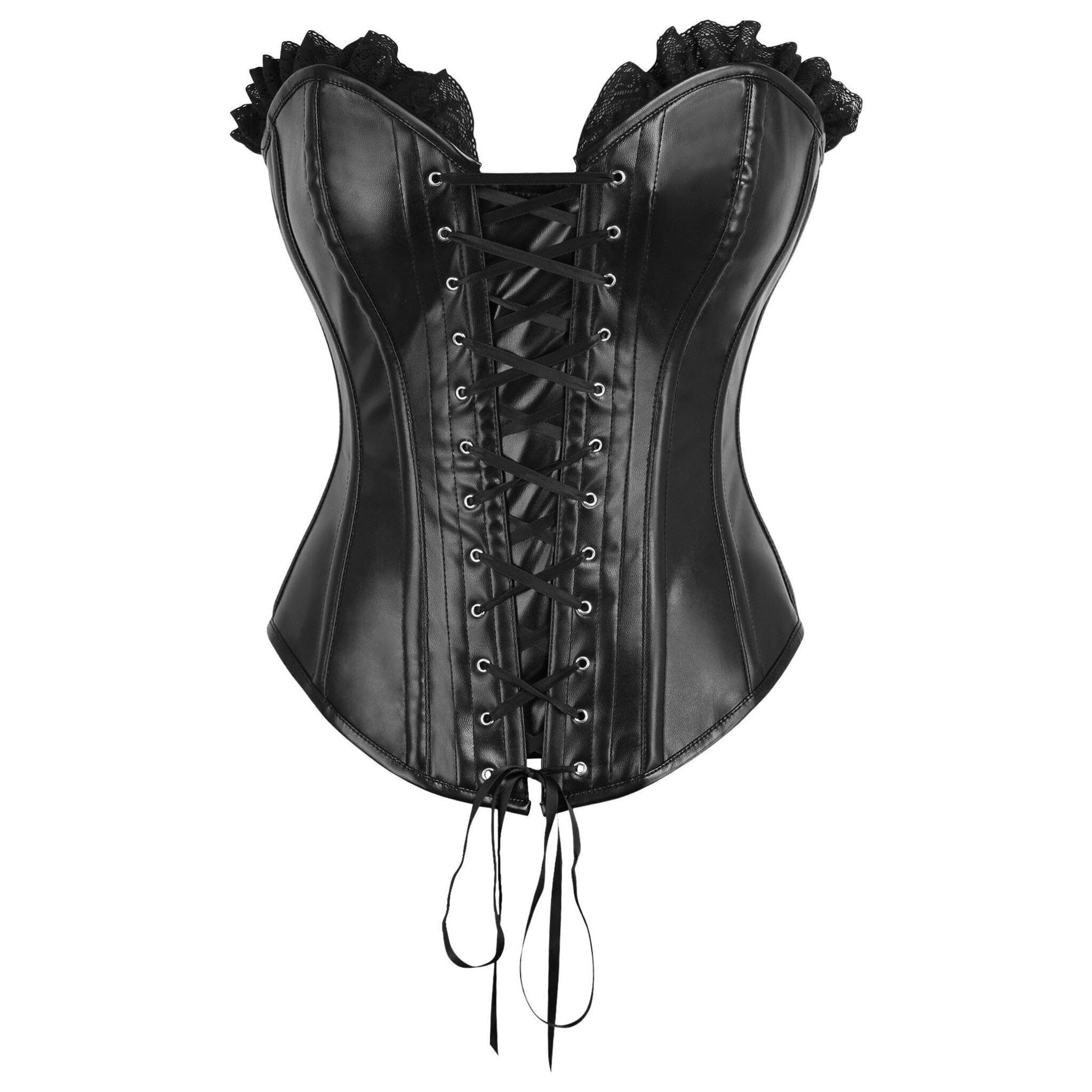 2931 Top Drawer Black Faux Leather & Black Lace Trim Lace-Up Steel Boned